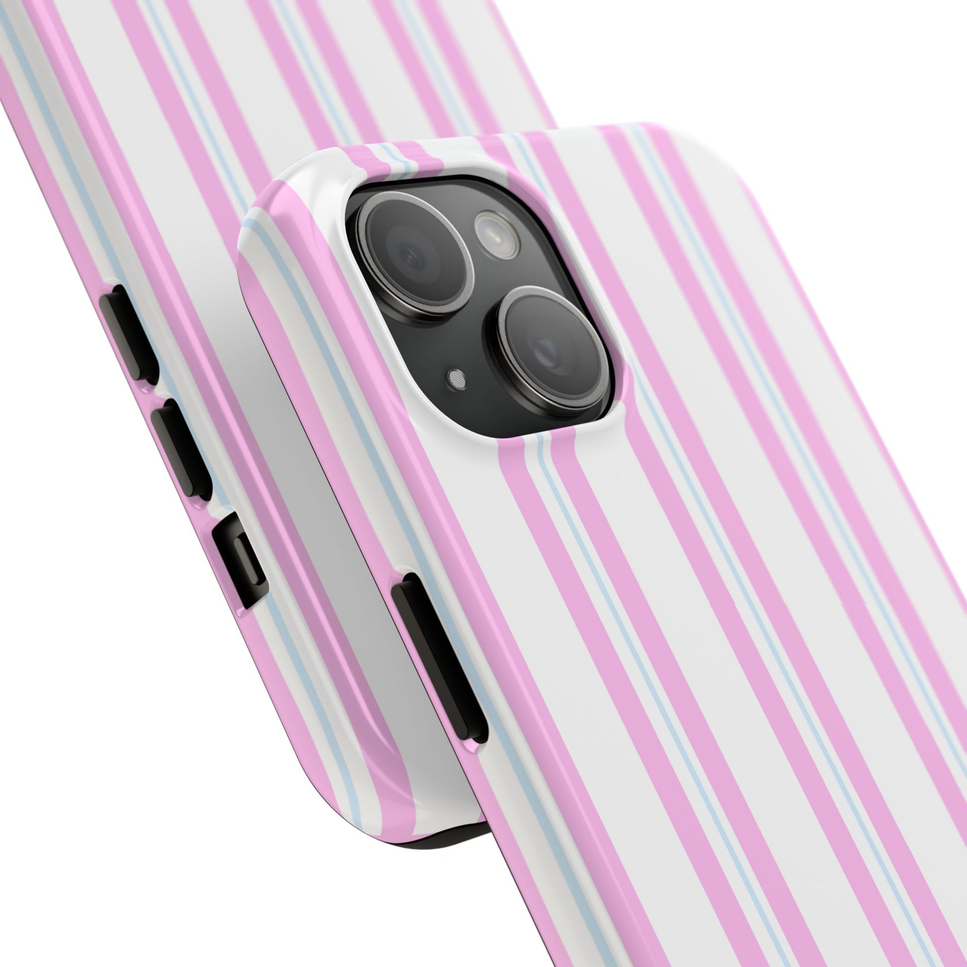 Phone case with pink and white striped design on a white background