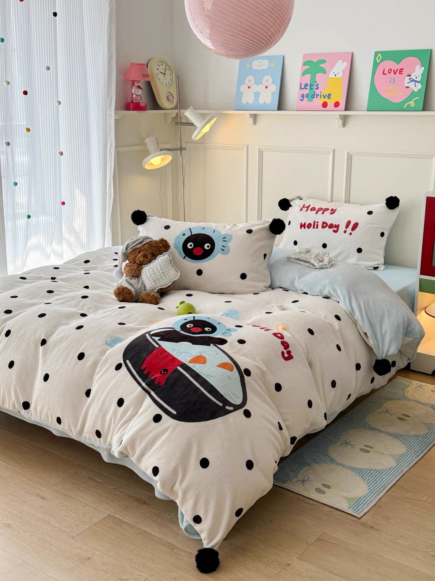 Penguin milk fleece bedding set shown in Korean style winter bedroom aesthetic