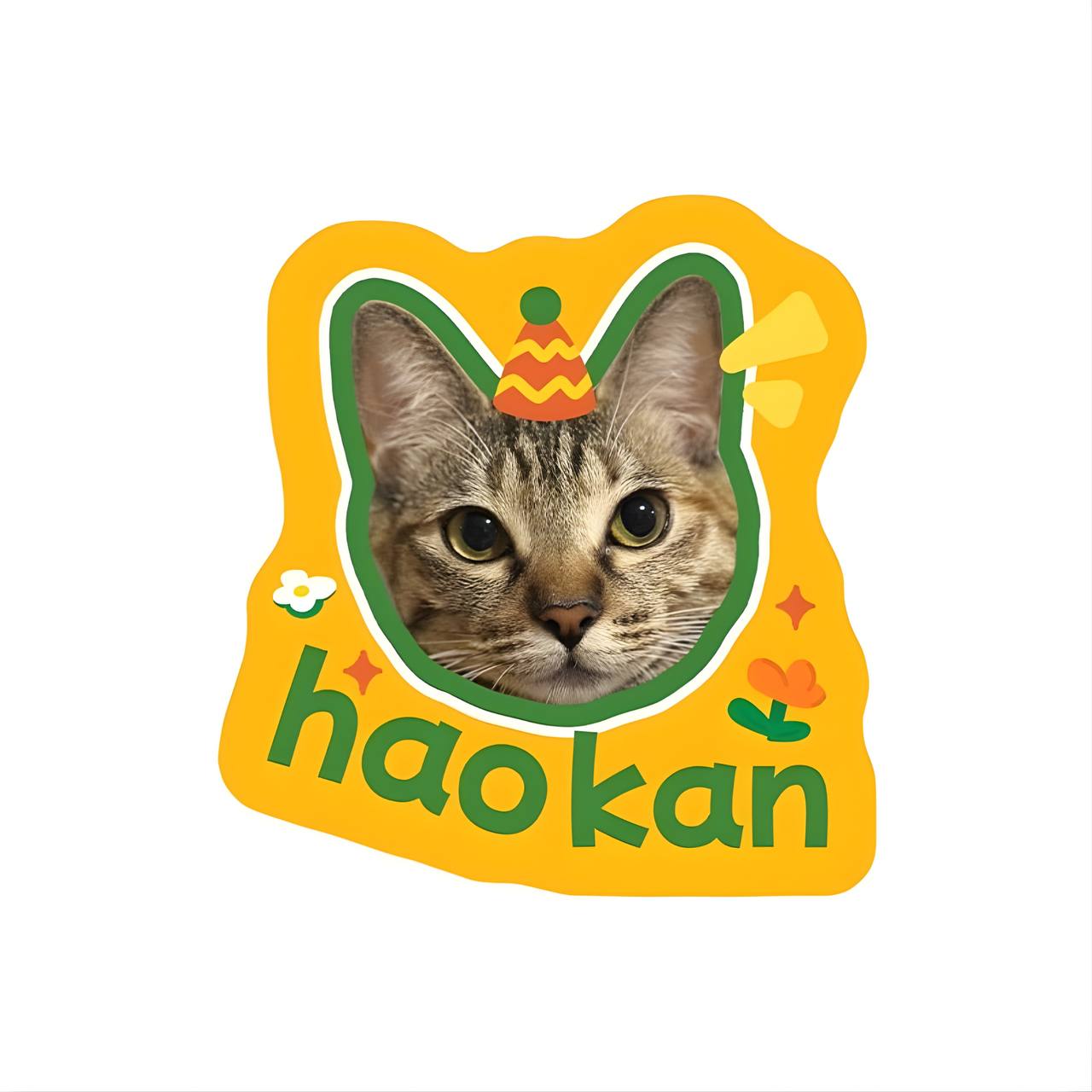 Sticker with a cat's face and 'haokan' branding on a yellow background