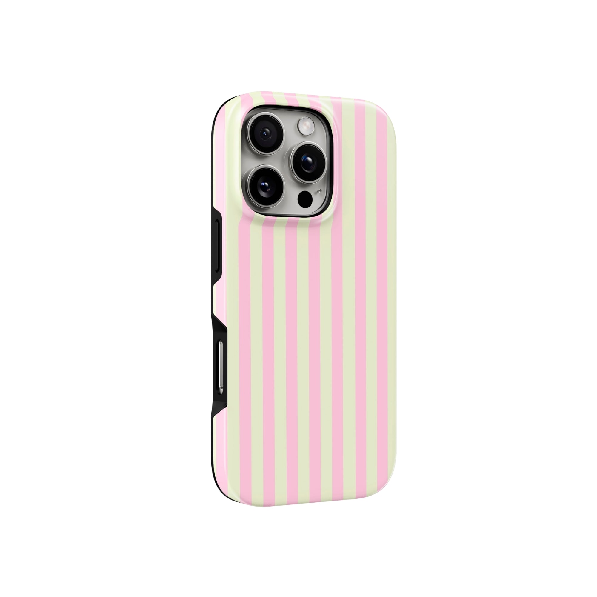 Phone case with pink and white striped design on a white background