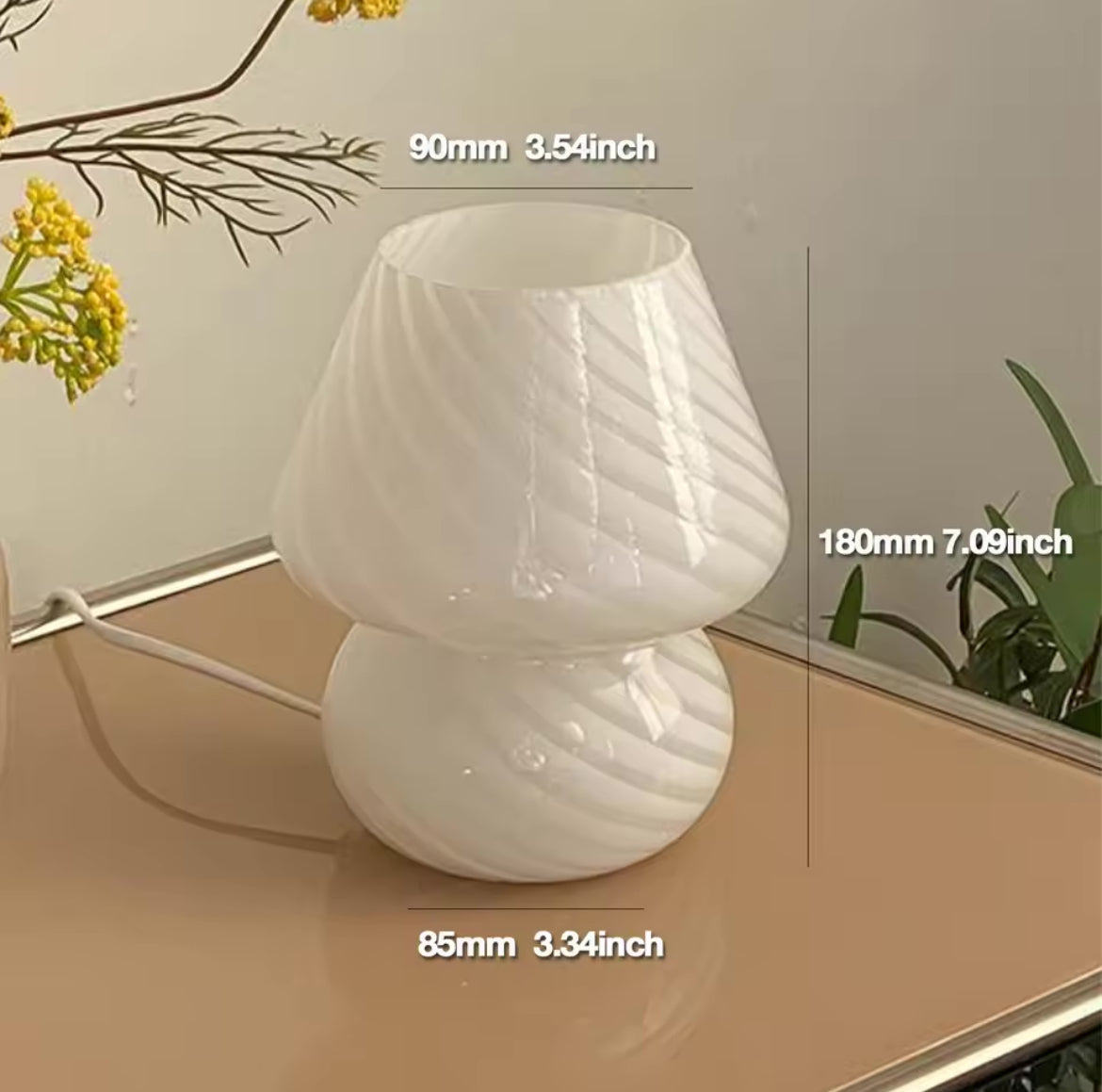 Murano-inspired mushroom desk lamp for coquette room decor. Striped LED light design for bedside or desktop ambiance.