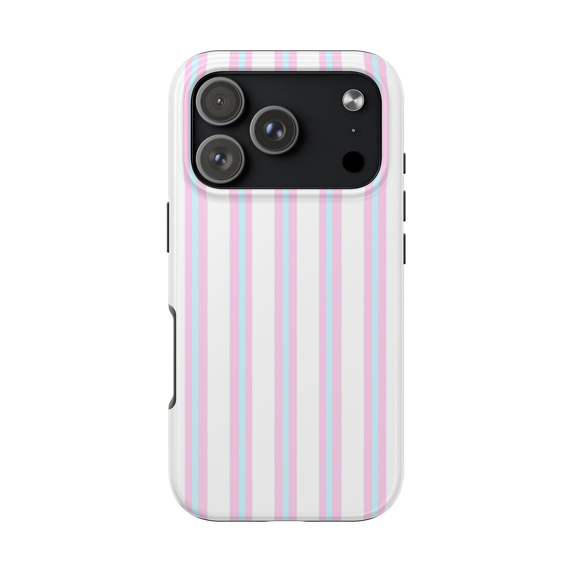 Phone case with pink and blue vertical stripes on a white background
