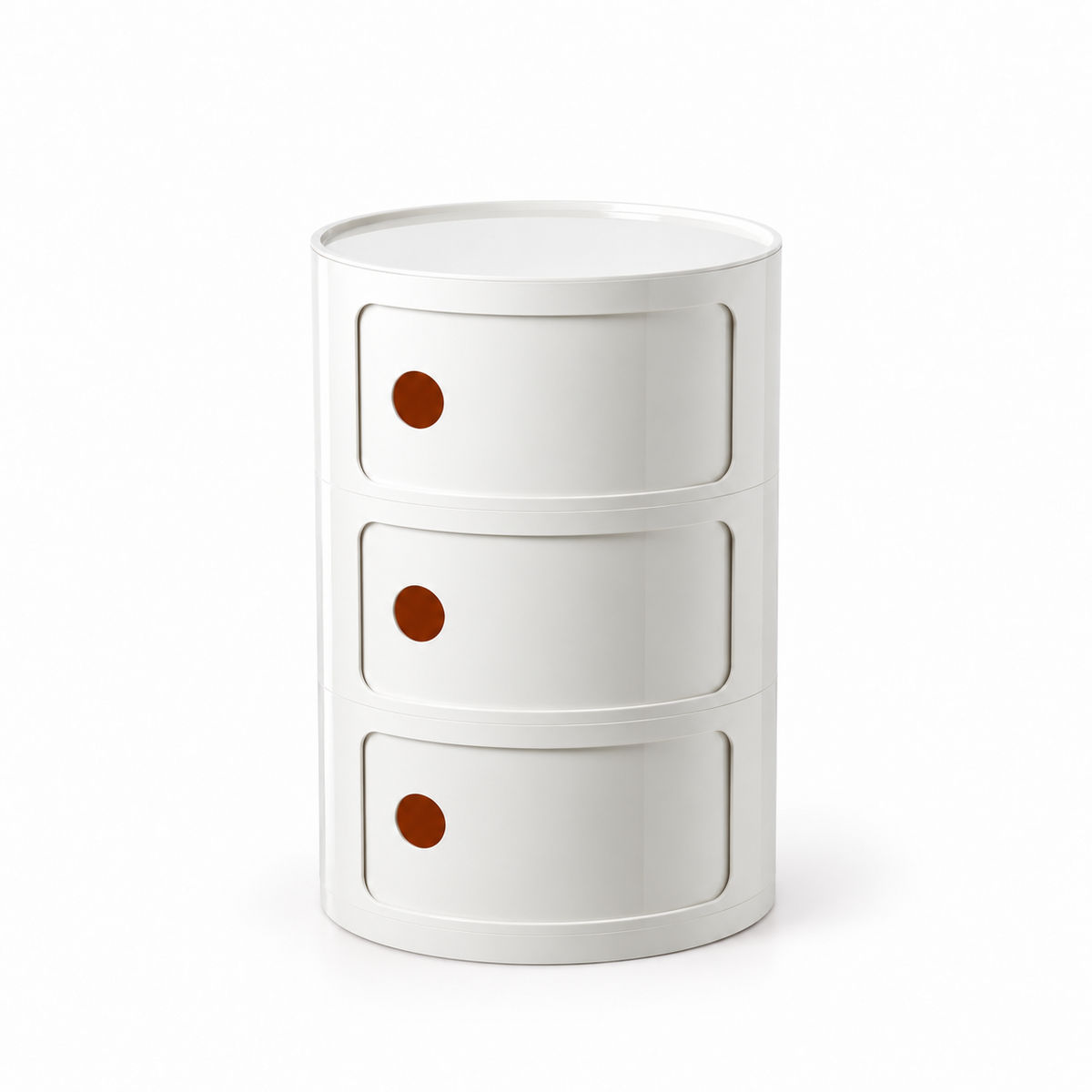 A three-drawer cylindrical side table or organizer in white with small round brown knobs, shown on a clean white background.
