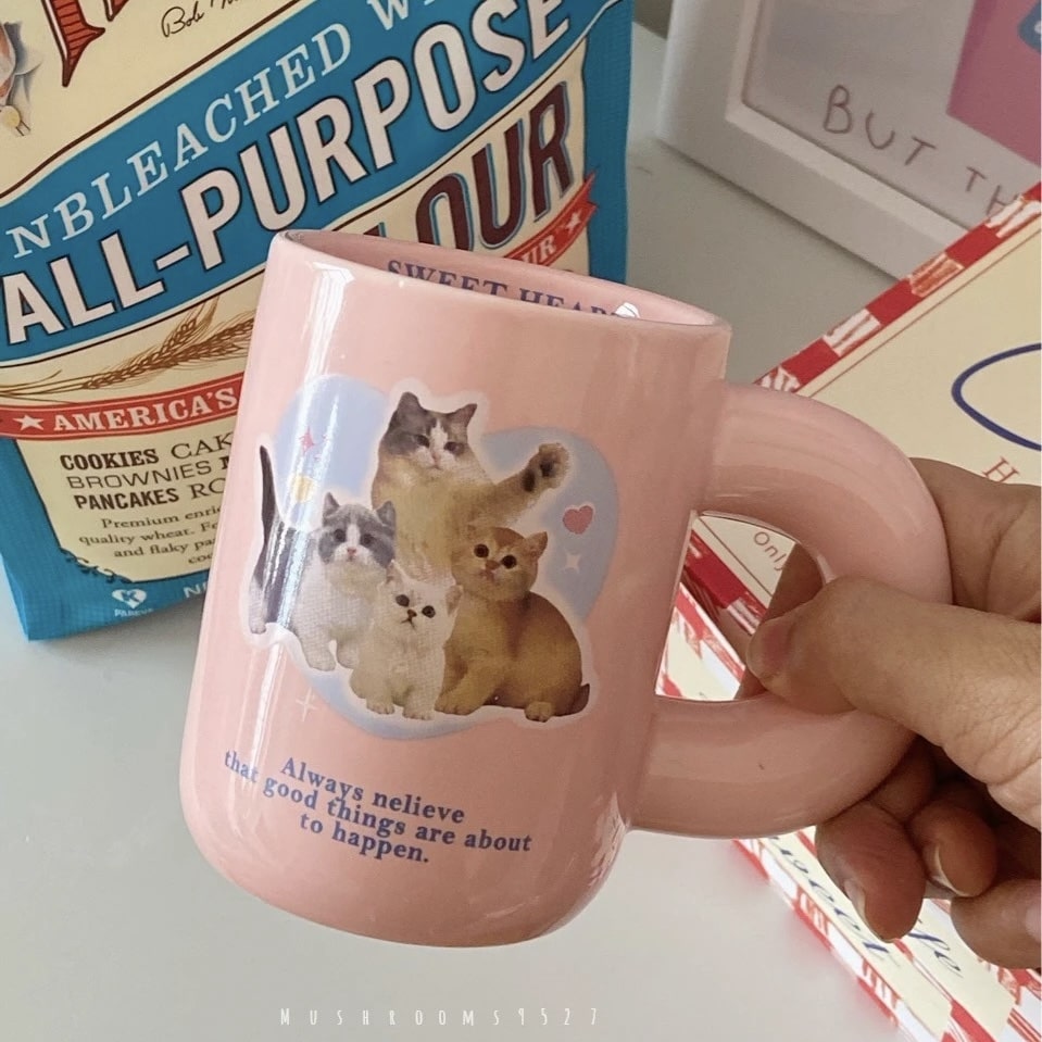 Pink Cute Kitten Mug – Ceramic Chubby Handle Coffee Tea Cup