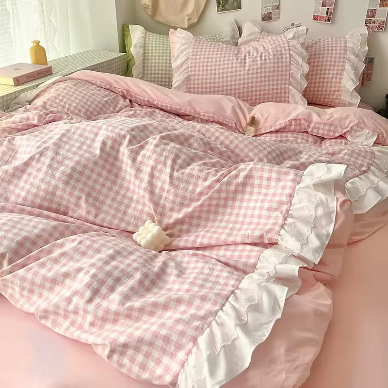 Aesthetic morning routine scene with coffee on ruffled gingham bed