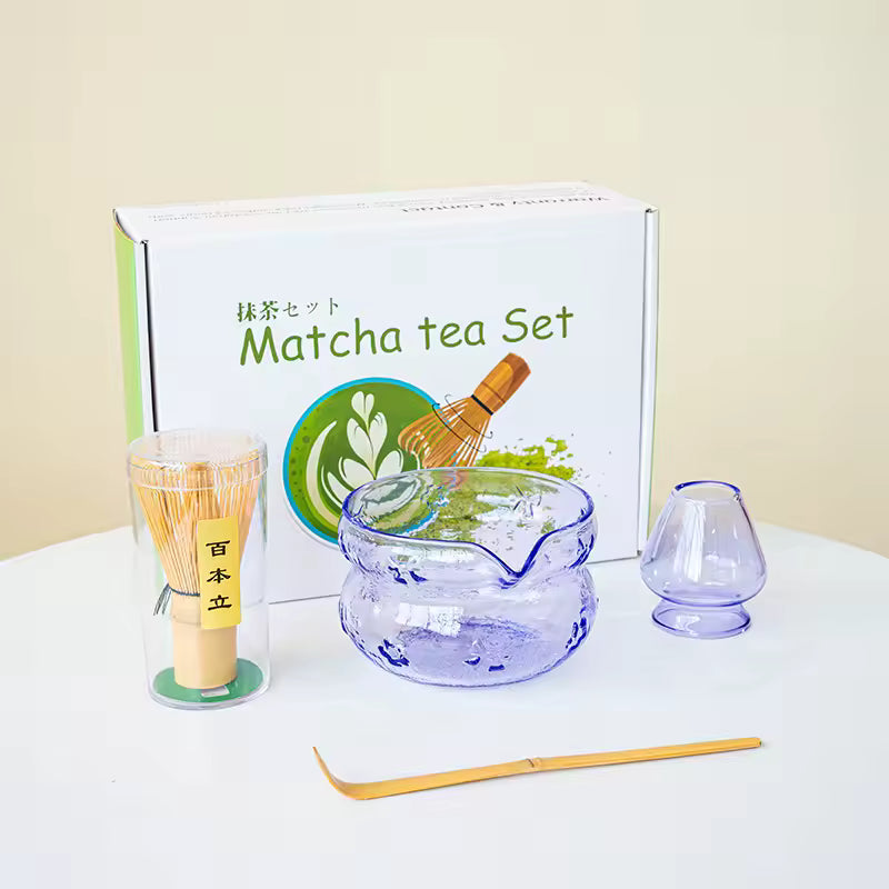 Transparent pink matcha bowl set with bamboo whisk and accessories for home matcha routines