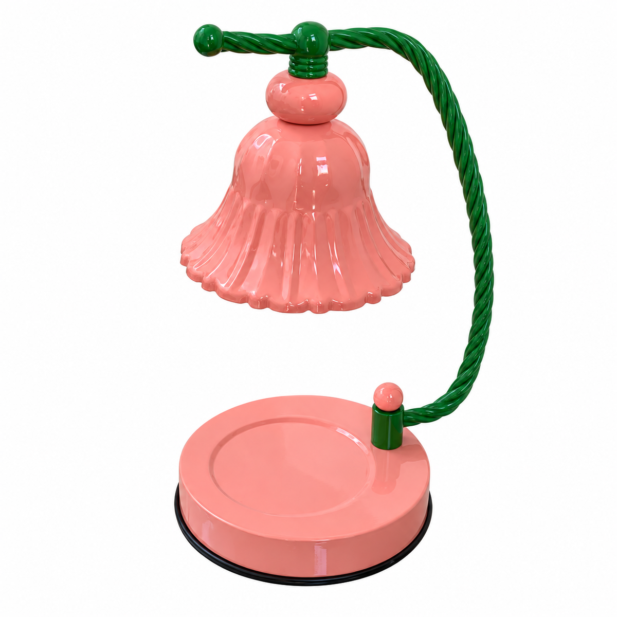 A floating desk lamp with a glossy pink bell-shaped shade, a round pink base, and a green twisted metal arm, shown against a plain white background.