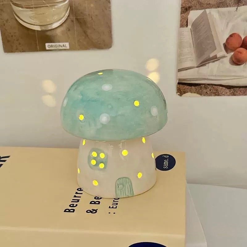 Close-up of pastel mushroom lamp’s glowing windows