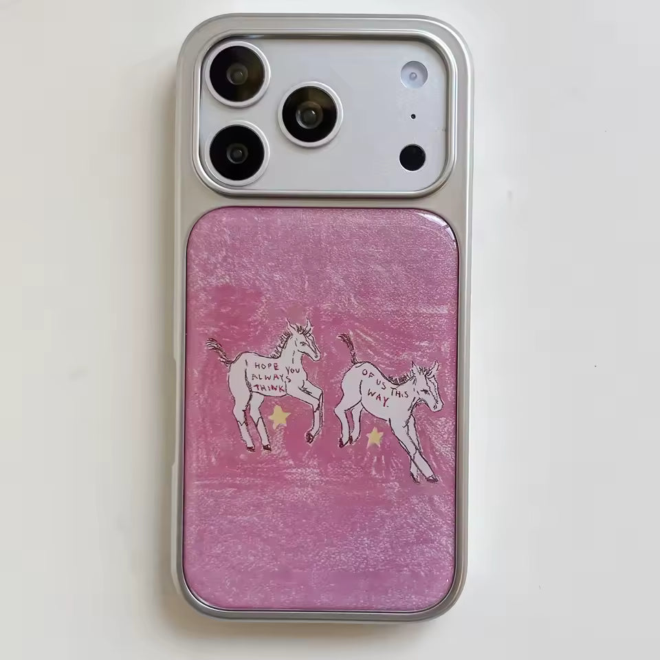 Hand drawn pony illustration decorates this pink iPhone case with playful artistic charm for modern aesthetic lovers