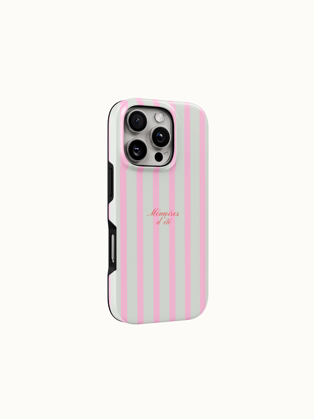 Pink striped phone case with Memoires d'Ete summer memories script, back view on an iPhone, The Feelz