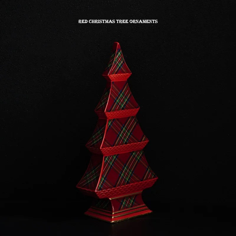 Preppy Christmas decor features a red tartan tree seen from the side, with its narrow profile and tiered edges.