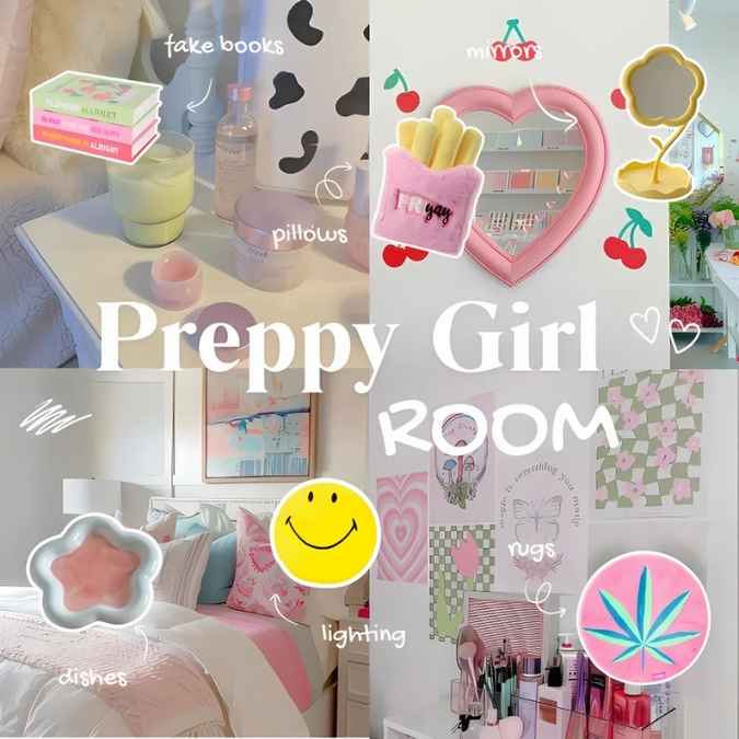Collage of a preppy girl's room with various elements labeled.