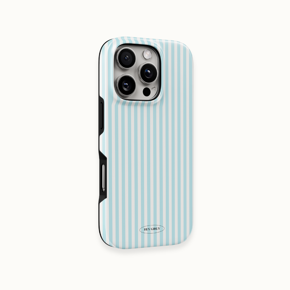A light blue and white vertically striped phone case with a black bumper edge, shown on a light cream background.