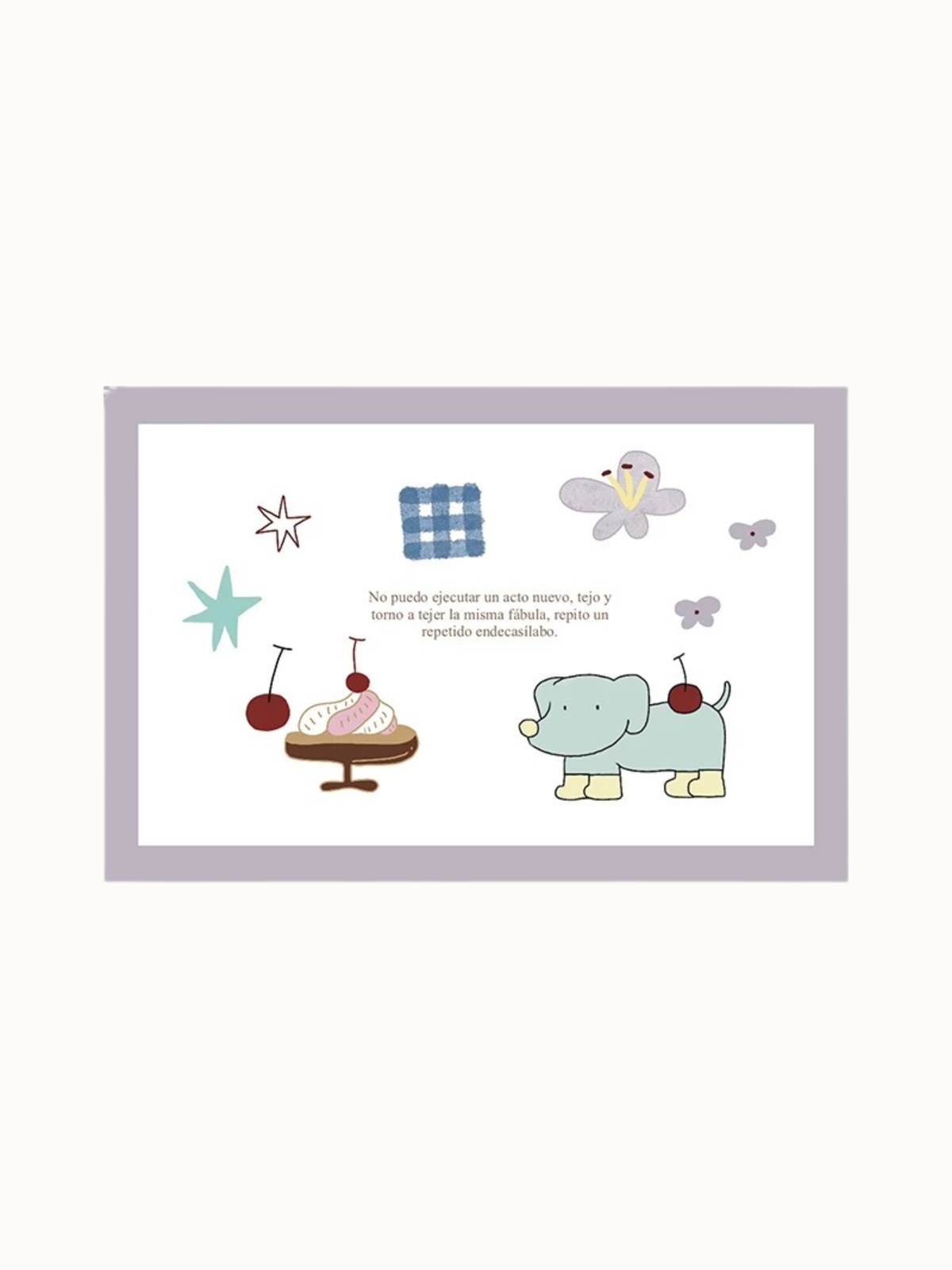 A purple animal rug design shows a green cartoon character, red cherries, a dessert and centered Spanish lettering.