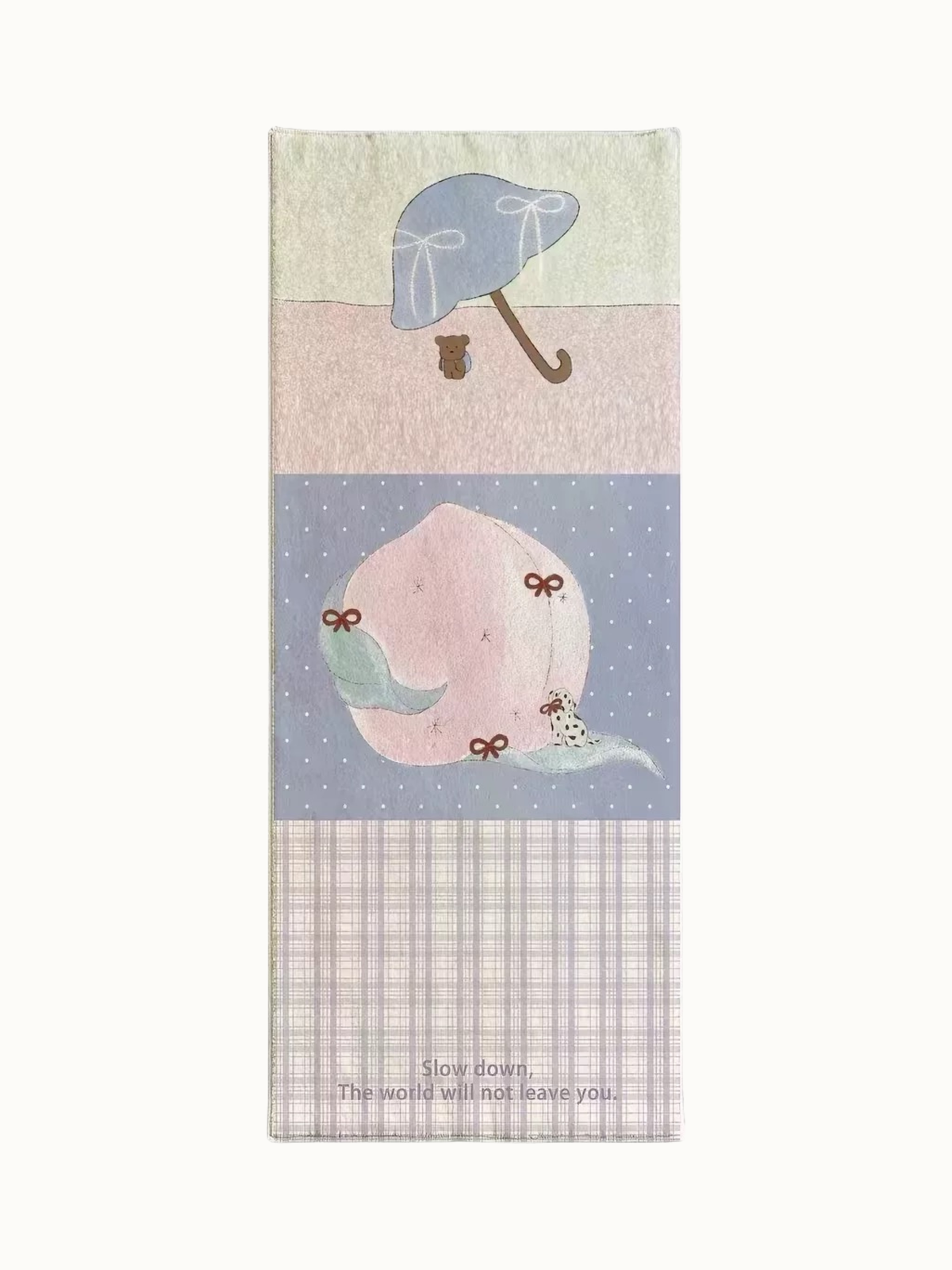 A purple peach rug has a blue umbrella, ribbon bows and a small spotted dog above pale plaid artwork.