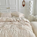 Retro Queen Size Bedding Set with White Floral Pinch Pleated Design