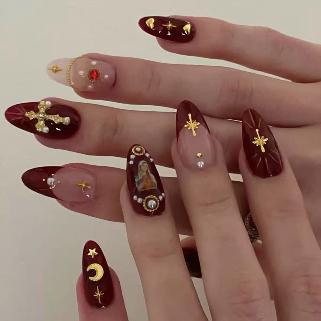 Pink Gradient Almond Fake Nails with Cross Design