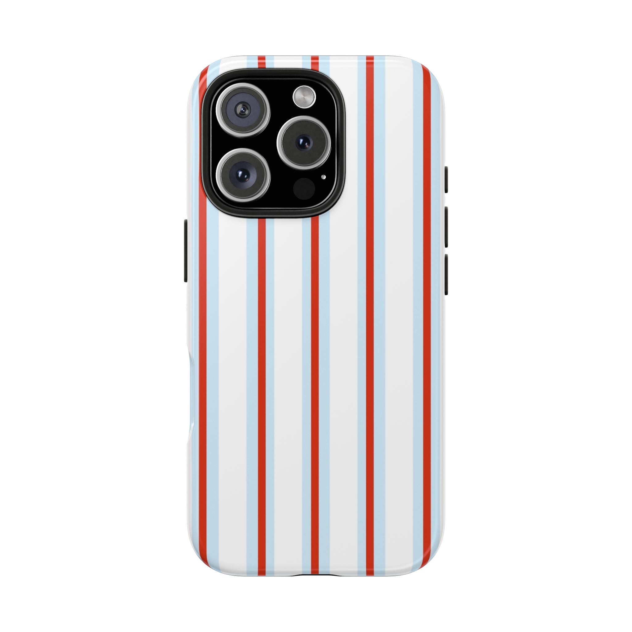 Phone case with red and blue vertical stripes on a white background