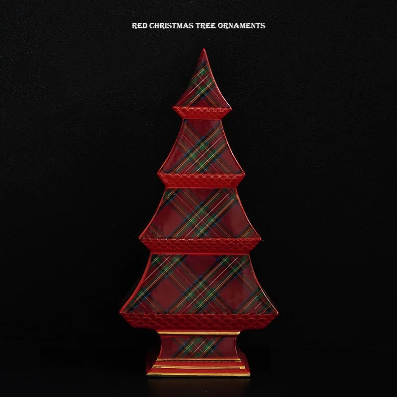 The red tartan Christmas tree is shown from the front, with four tiers above a gold trimmed pedestal.