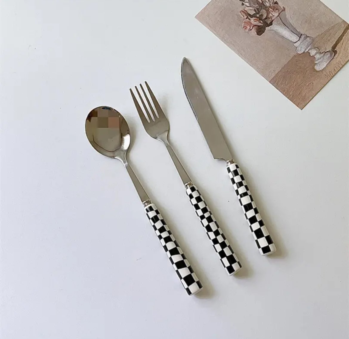 Retro Checkerboard Cutlery Set – Knife, Fork, and Spoon with Ceramic Handles