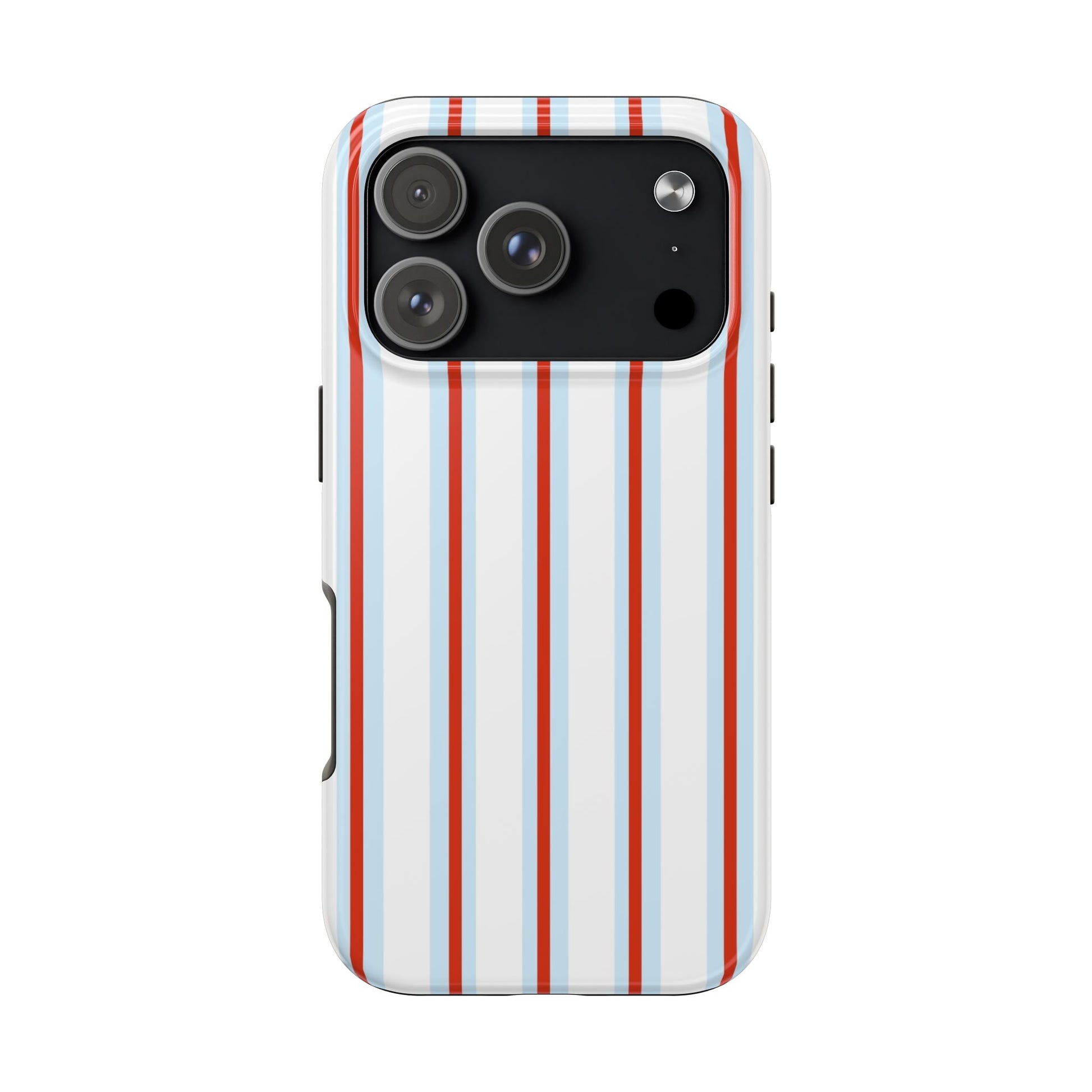 Phone case with red and blue vertical stripes on a white background