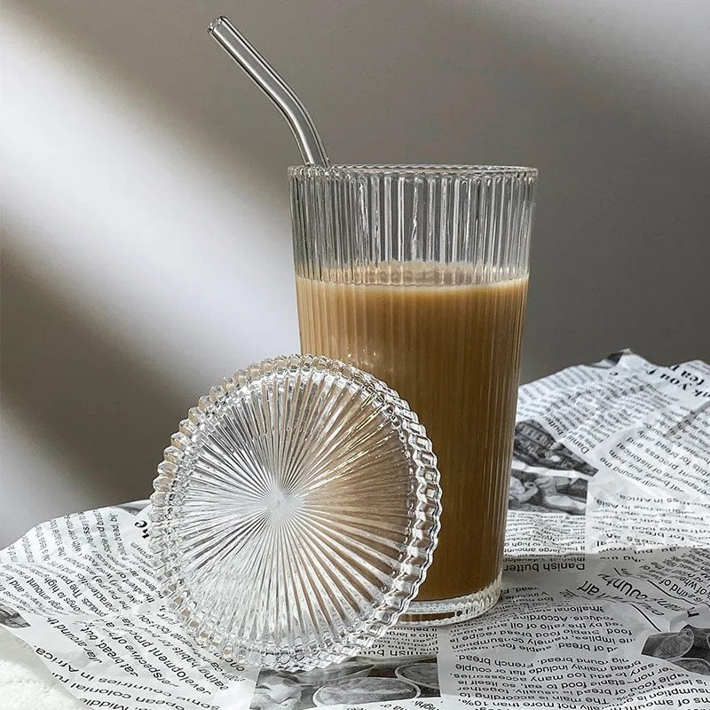 Durable glass tumbler with ribbed texture and lid