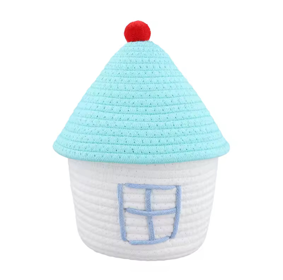 Rope storage with lid in boho and kawaii room styling.