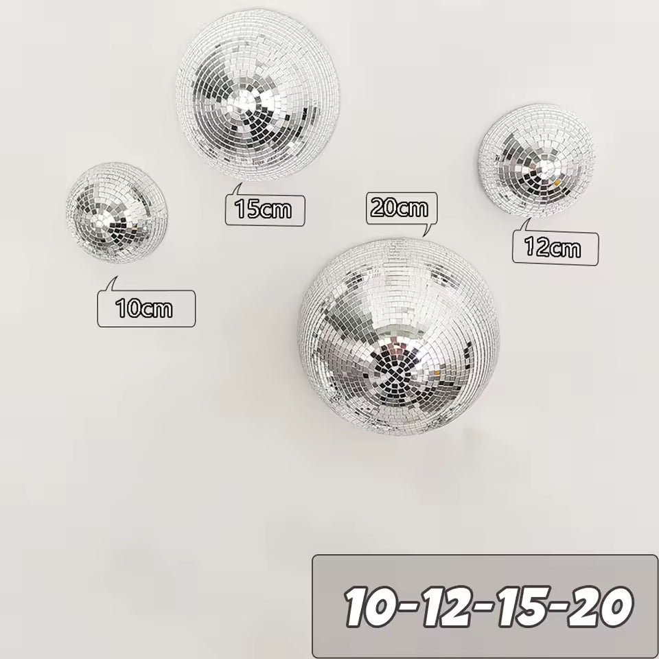 Set of disco balls with labeled sizes on a white background