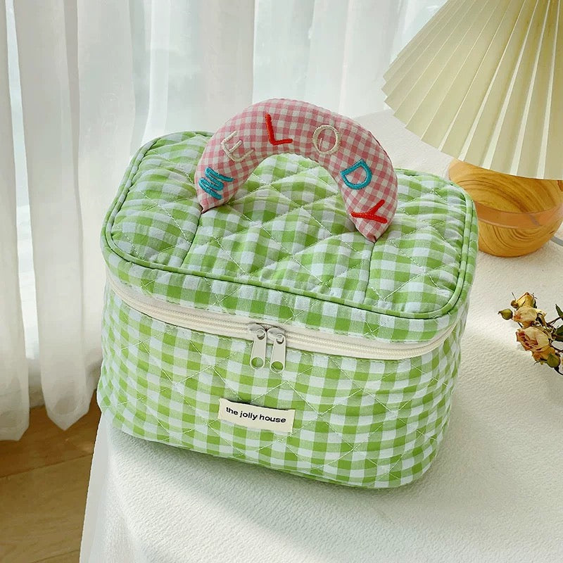 Cute pastel color contrast checkered cosmetic bag for soft girl aesthetics
