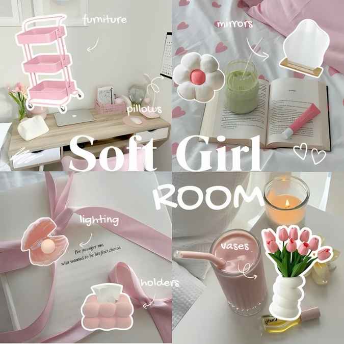 Collage of soft girl room decor items including furniture, mirrors, pillows, lighting, and vases.