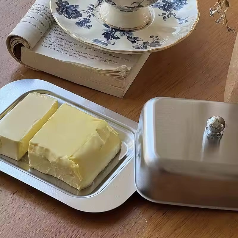 Butter dish with two sticks of butter on a wooden table next to an open book and teacup.