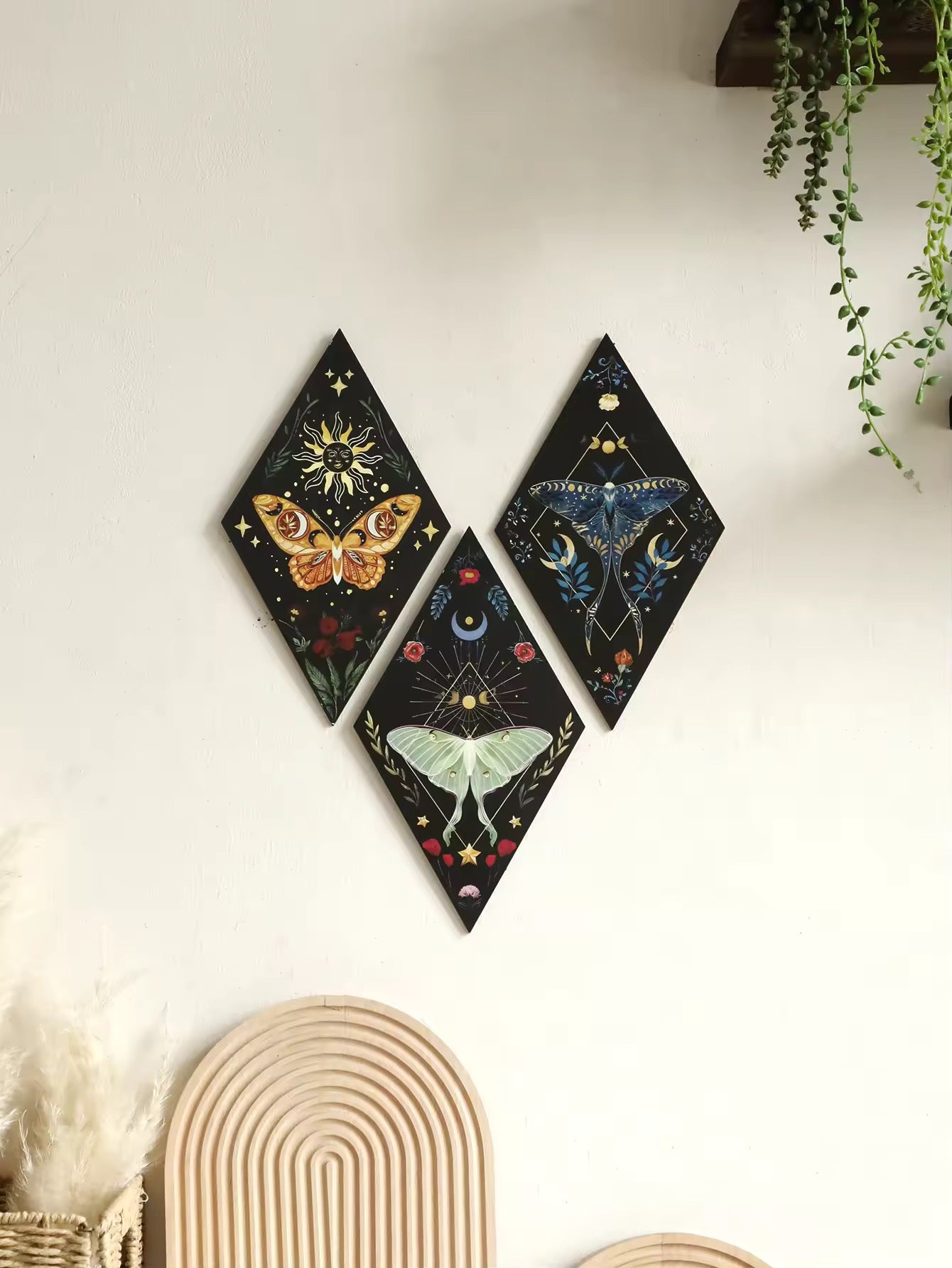 Gothic wooden wall plaque with butterfly and moon phases
