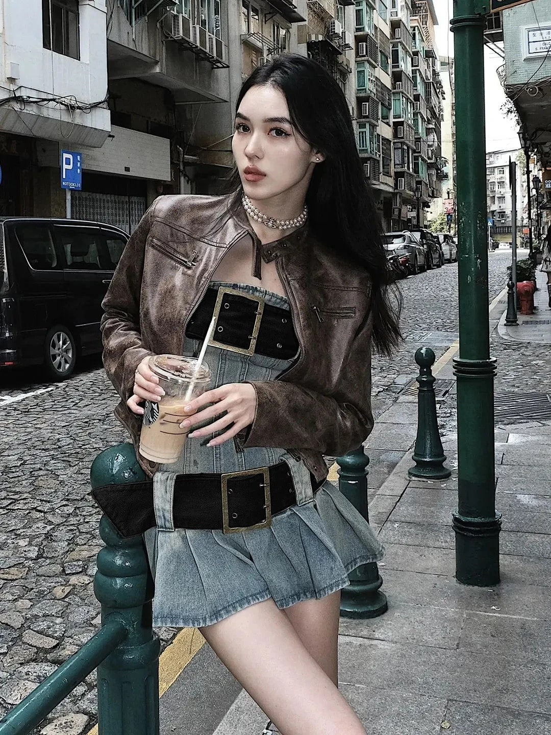 Vintage Y2K denim dress with strapless tube top design, pleated skirt, and belt. Perfect for grunge and Korean Kpop fashion-inspired summer looks.