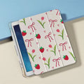 Tablet with a decorative case featuring strawberries, bows, and flowers on a light blue background.