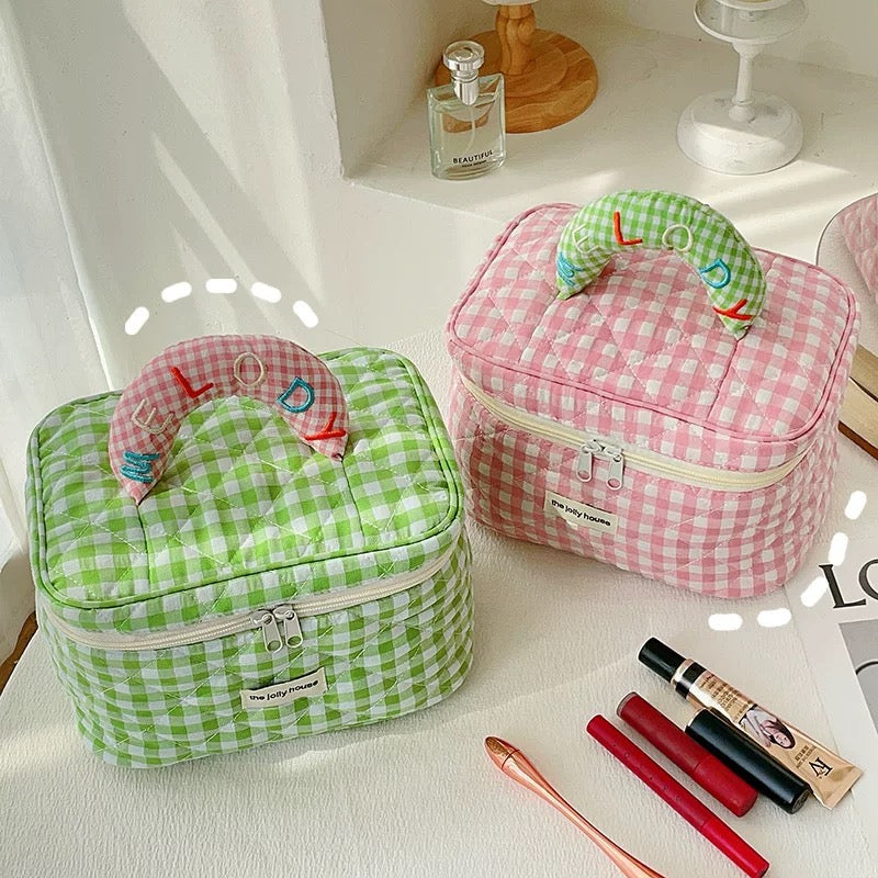 Danish pastel room decor plaid cosmetic organizer with zippered closure
