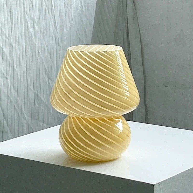 Murano glass mushroom lamp with modern LED lighting for bedside tables and living room decor. Coquette room aesthetic accessory.