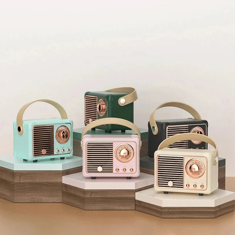 Set of five retro-style radios on hexagonal platforms with a neutral background