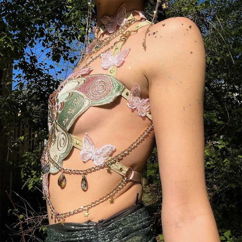 Medieval-style lace-up bustier in light green with butterfly accents