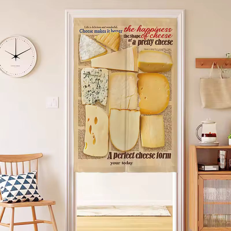 Decorative door with cheese-themed design in a room setting