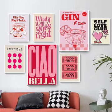 Vintage pink cartoon canvas poster featuring whimsical illustrations in soft hues
