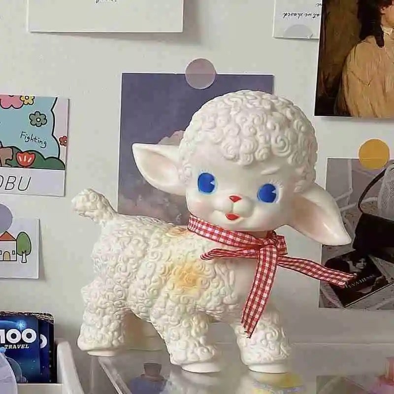 Vintage Sheep Doll for Desk Decor – Adorable Retro Figurine with Pastel Bow