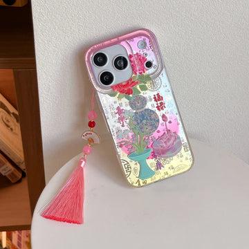 Coquette inspired floral silicone iPhone case with pink gradient peony artwork decorative Chinese calligraphy accents