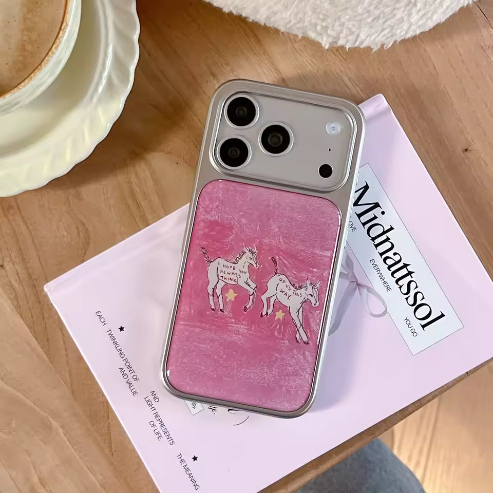 Hand drawn pony illustration decorates this pink iPhone case with playful artistic charm for modern aesthetic lovers