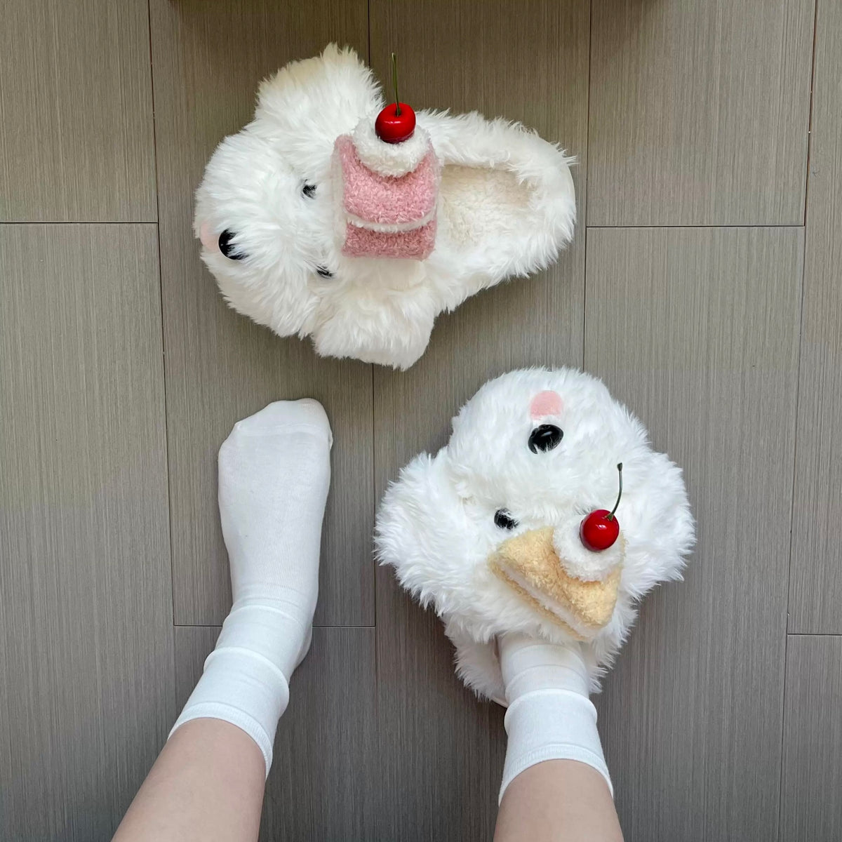White cute puppy slippers worn indoors with plush dog faces