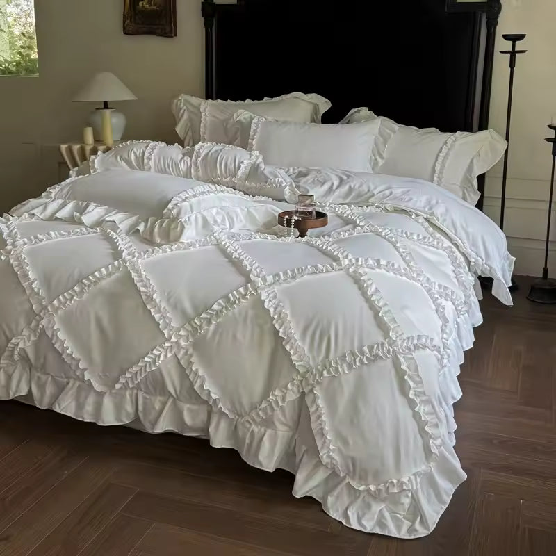 Elegant vintage lace bedding in a bright white aesthetic bedroom with plush pillows.