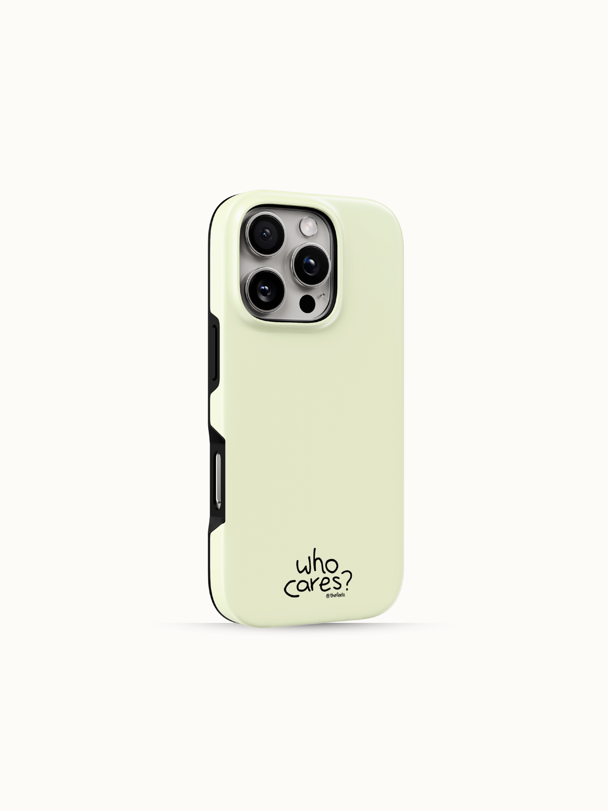 Butter yellow iPhone case with a tiny black who cares print near the bottom, back view with the black side edge
