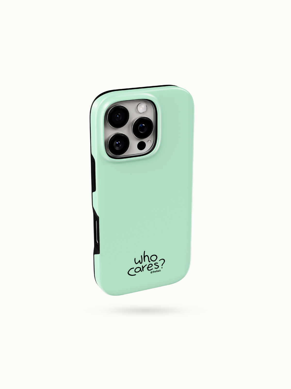 Mint green iPhone case with a tiny black who cares print near the bottom, three-quarter back view with camera cutout