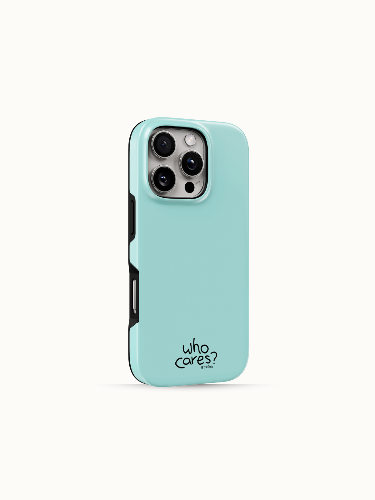 Seafoam blue-green iPhone case with a tiny black who cares print near the bottom, back view with the black side edge