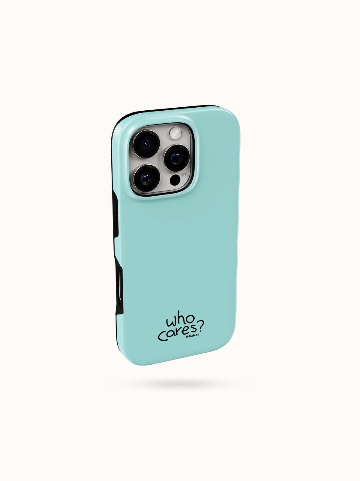 Seafoam blue-green iPhone case with a tiny black who cares print near the bottom, three-quarter back view with camera cutout