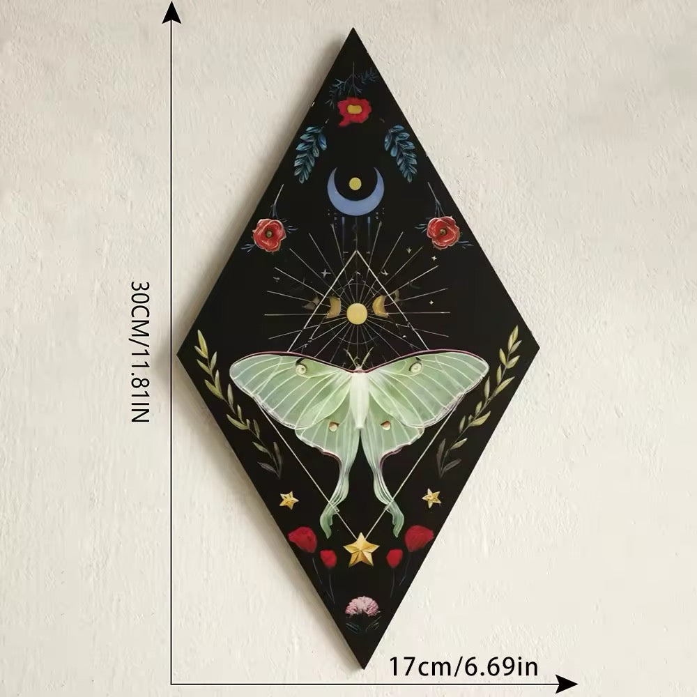 Wooden wall hanging with gothic moon and star designs